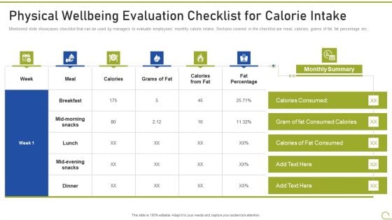 Health And Fitness Playbook Physical Wellbeing Evaluation Checklist For Calorie Intake Topics PDF