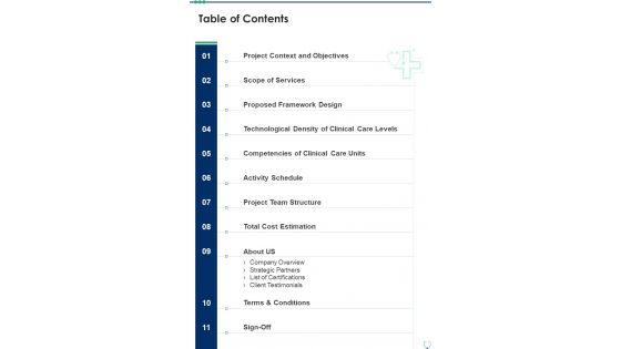 Health And Medication Proposal Table Of Contents One Pager Sample Example Document