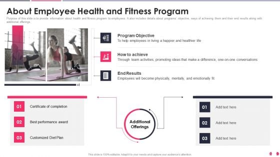 Health And Wellbeing Playbook About Employee Health And Fitness Program Icons PDF