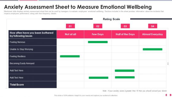 Health And Wellbeing Playbook Anxiety Assessment Sheet To Measure Emotional Wellbeing Themes PDF