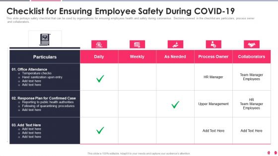 Health And Wellbeing Playbook Checklist For Ensuring Employee Safety During COVID19 Designs PDF