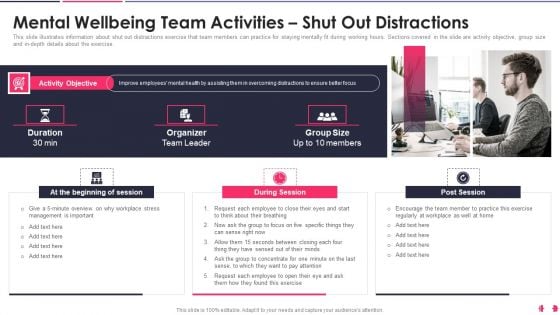 Health And Wellbeing Playbook Mental Wellbeing Team Activities Shut Out Distractions Information PDF