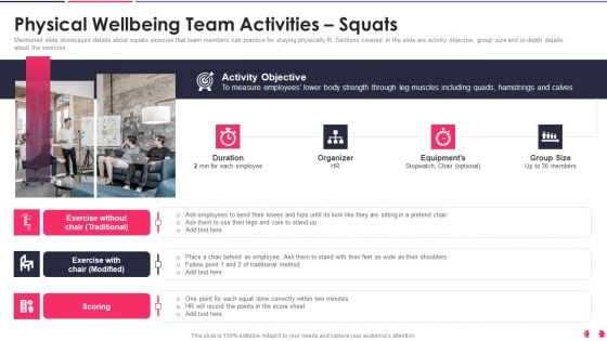 Health And Wellbeing Playbook Physical Wellbeing Team Activities Squats Pictures PDF