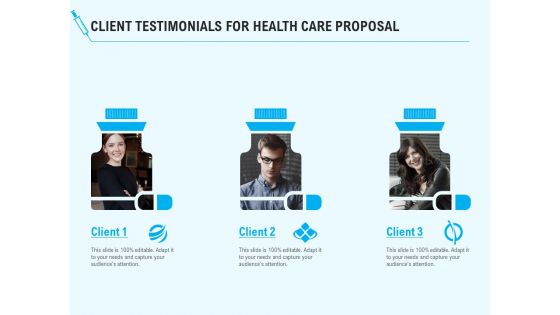 Health Care Client Testimonials For Health Care Proposal Ppt Infographics Show PDF