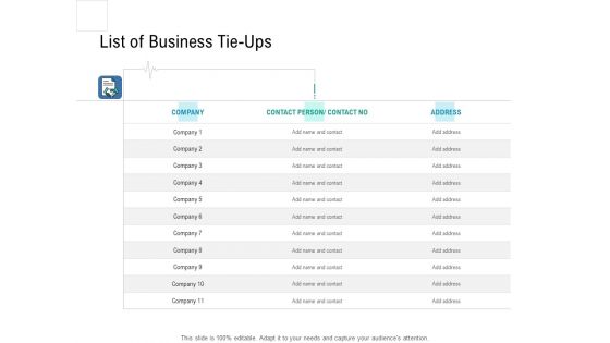 Health Centre Management Business Plan List Of Business Tie Ups Elements PDF