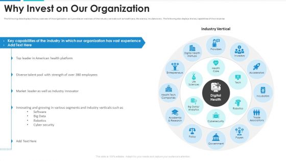 Healthcare Automation Investor Funding Elevator Why Invest On Our Organization Icons PDF