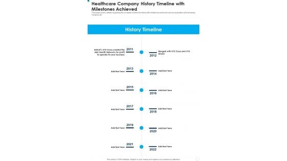 Healthcare Company History Timeline With Milestones Achieved One Pager Documents