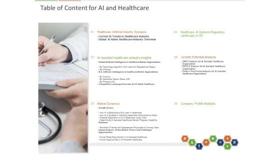 Healthcare Industry Impact Artificial Intelligence Table Of Content For AI And Healthcare Ppt Styles Demonstration PDF