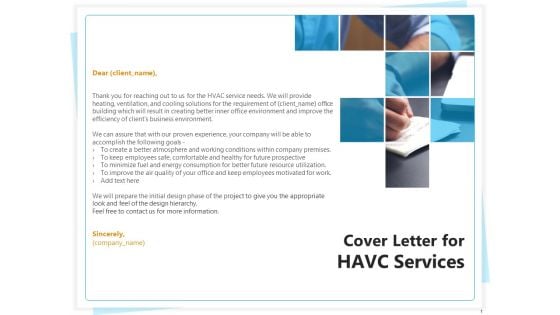 Heating Ventilation And Air Conditioning Installation Cover Letter For HAVC Services Ppt Professional Background PDF