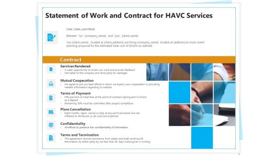 Heating Ventilation And Air Conditioning Installation Statement Of Work And Contract For HAVC Services Summary PDF