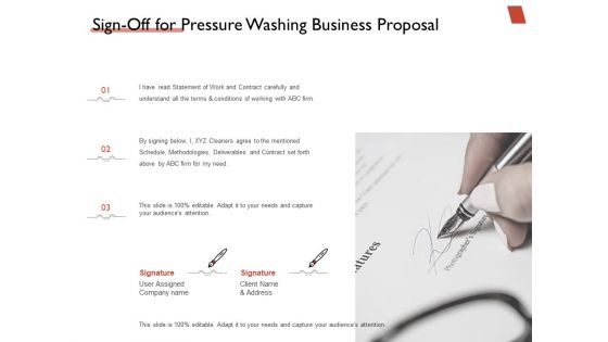 High Power Cleansing Work Sign Off For Pressure Washing Business Proposal Ppt Infographic Template Vector PDF