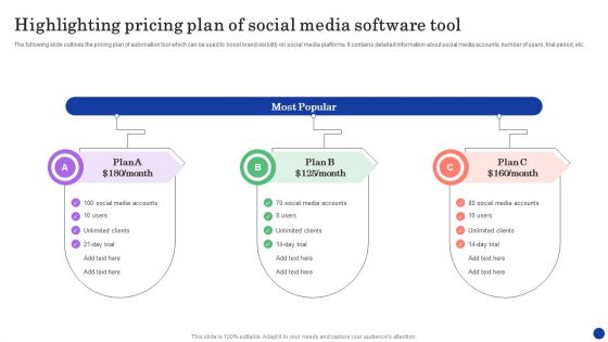 Highlighting Pricing Plan Of Social Media Software Tool Brochure PDF