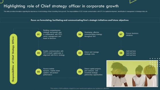 Highlighting Role Of Chief Strategy Officer In Corporate Growth Infographics PDF