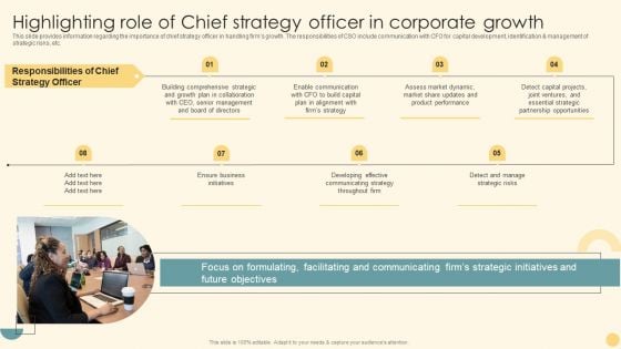 Highlighting Role Of Chief Strategy Officer In Corporate Growth Ppt PowerPoint Presentation Diagram Graph Charts PDF