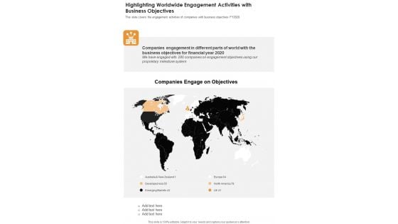 Highlighting Worldwide Engagement Activities With Business Objectives One Pager Documents