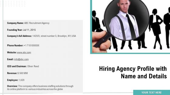 Hiring Agency Profile With Name And Details Ppt Slides Pictures PDF