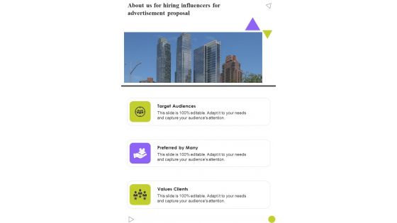 Hiring Influencers For Advertisement Proposal About Us One Pager Sample Example Document