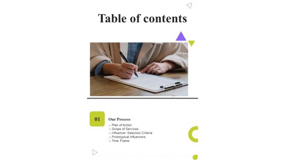 Hiring Influencers For Advertisement Proposal Table Of Contents One Pager Sample Example Document