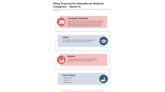 Hiring Proposal For International Medical Caregivers About Us One Pager Sample Example Document