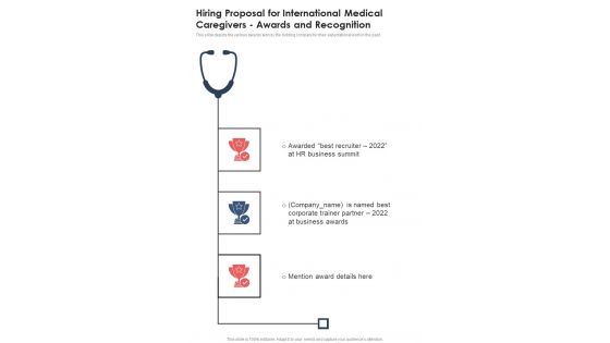 Hiring Proposal For International Medical Caregivers Awards And Recognition One Pager Sample Example Document