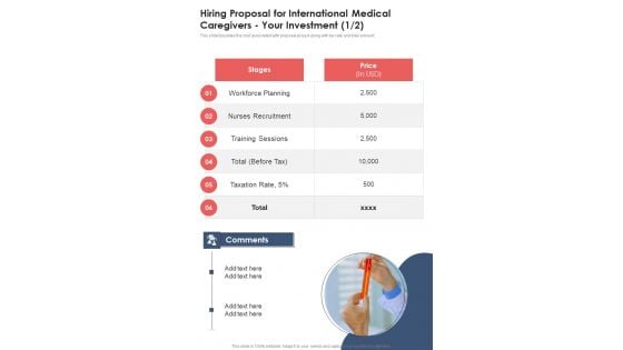 Hiring Proposal For International Medical Caregivers Your Investment One Pager Sample Example Document