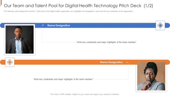 His Capital Funding Elevator Our Team And Talent Pool For Digital Health Technology Pitch Deck Designation Introduction PDF