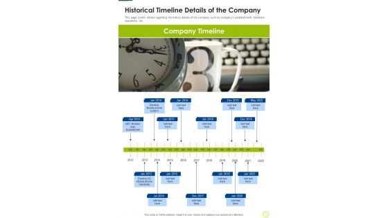 Historical Timeline Details Of The Company One Pager Documents