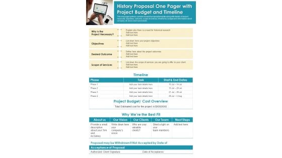 History Proposal One Pager With Project Budget And Timeline PDF Document PPT Template