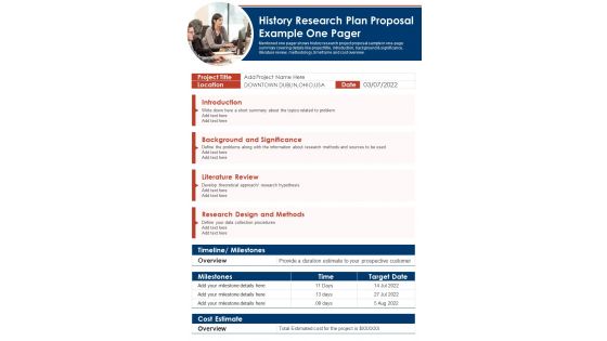 History Research Plan Proposal Example One Pager PDF Document PPT Template