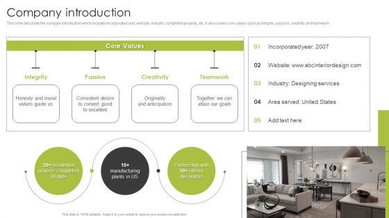 Home Interior Styling Services Company Profile Company Introduction Infographics PDF