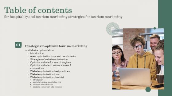 Hospitality And Tourism Marketing Strategies For Tourism Marketing Table Of Contents Infographics PDF