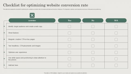 Hospitality And Travel Advertising Techniques Checklist For Optimizing Website Conversion Rate Designs PDF