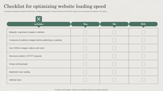 Hospitality And Travel Advertising Techniques Checklist For Optimizing Website Loading Speed Clipart PDF