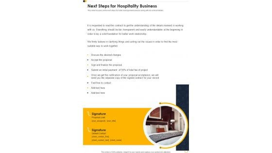 Hospitality Business Agreement Proposal Next Steps For Hospitality Business One Pager Sample Example Document Hospitality Business Agreement Proposal Next Steps For Hospitality Business One Pager Sample Example Document