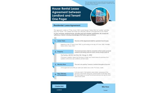 House Rental Lease Agreement Between Landlord And Tanent One Pager PDF Document PPT Template