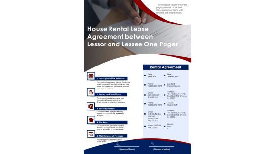 House Rental Lease Agreement Between Lesssor And Lassee One Pager PDF Document PPT Template