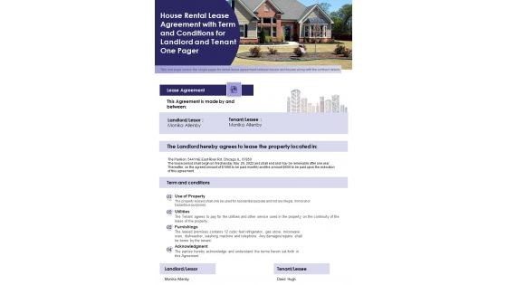House Rental Lease Agreement With Term And Conditions For Landlord And Tenant One Pager PDF Document PPT Template