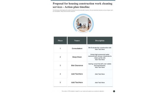Housing Construction Work Cleaning Services Action Plan Timeline One Pager Sample Example Document