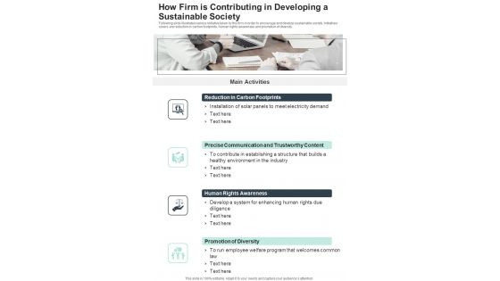 How Firm Is Contributing In Developing A Sustainable Society One Pager Documents
