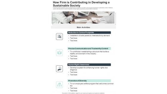 How Firm Is Contributing In Developing A Sustainable Society One Pager Documents How Firm Is Contributing In Developing A Sustainable Society One Pager Documents