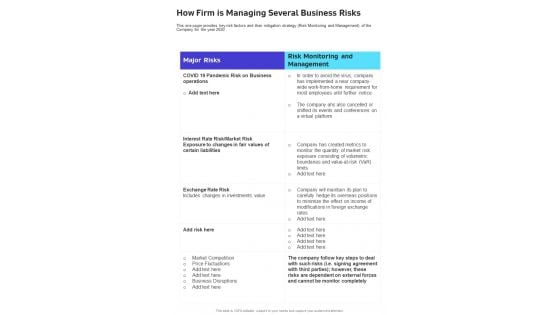 How Firm Is Managing Several Business Risks One Pager Documents