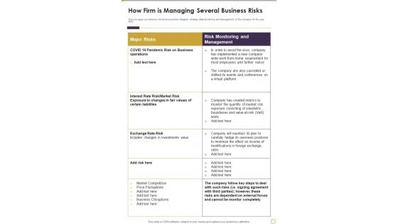 How Firm Is Managing Several Business Risks Template 257 One Pager Documents