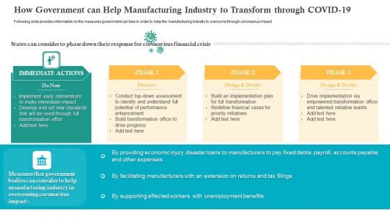 How Government Can Help Manufacturing Industry To Transform Through COVID 19 Ppt Outline Styles PDF