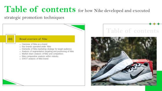 How Nike Developed And Executed Strategic Promotion Techniques Table Of Contents Themes PDF