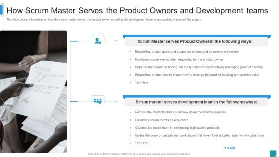 How Scrum Master Serves The Product Owners And Development Teams Infographics PDF