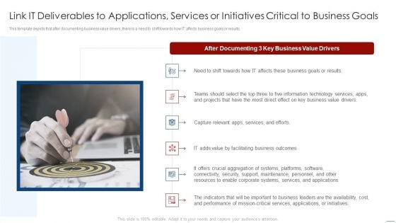 How To Evaluate And Develop The Organizational Value Of IT Service Link IT Deliverables To Applications Themes PDF
