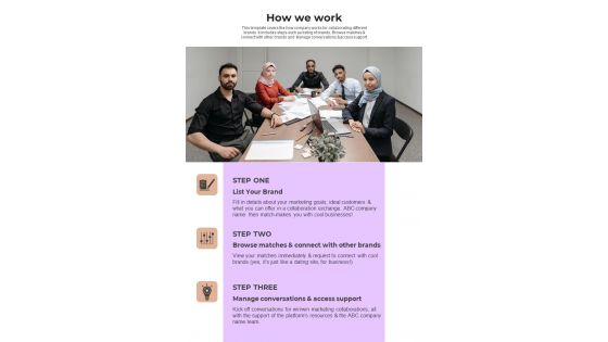 How To Present Brand Partnership Proposal How We Work One Pager Sample Example Document How To Present Brand Partnership Proposal How We Work One Pager Sample Example Document