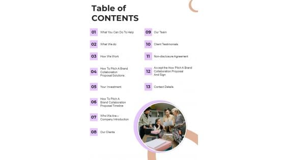 How To Present Brand Partnership Proposal Table Of Contents One Pager Sample Example Document