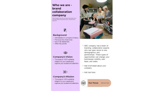 How To Present Brand Partnership Proposal Who We Are Brand Collaboration Company One Pager Sample Example Document How To Present Brand Partnership Proposal Who We Are Brand Collaboration Company One Pager Sample Example Document