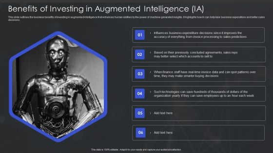 Human Augmented Machine Learning IT Benefits Of Investing In Augmented Intelligence IA Graphics PDF